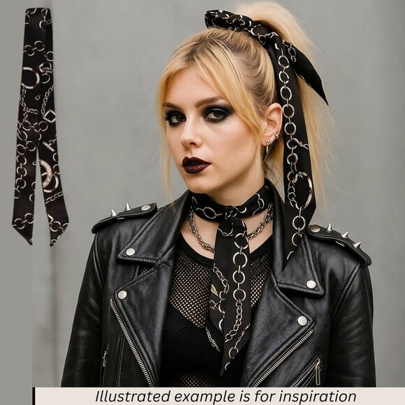 Black Chain Print Slim Silk Scarf Equestrian Glam Minimal Style No22 - Picture 8 of 8